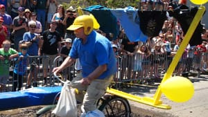Traditional Derby leader Joel Spivak hits the mud pit in 2014. (Image courtesy of Frankford Avenue Arts.)