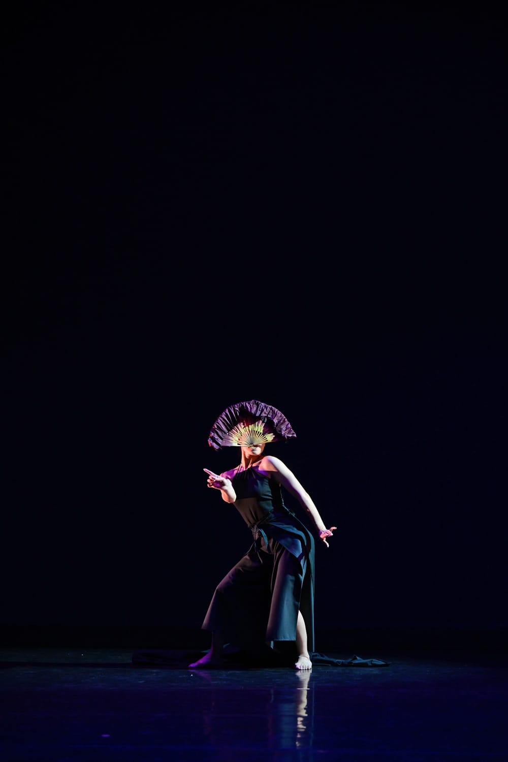 Ma, a single dancer in black on a dark stage, her face covered with a fan she holds in her mouth. She strikes an angular pose