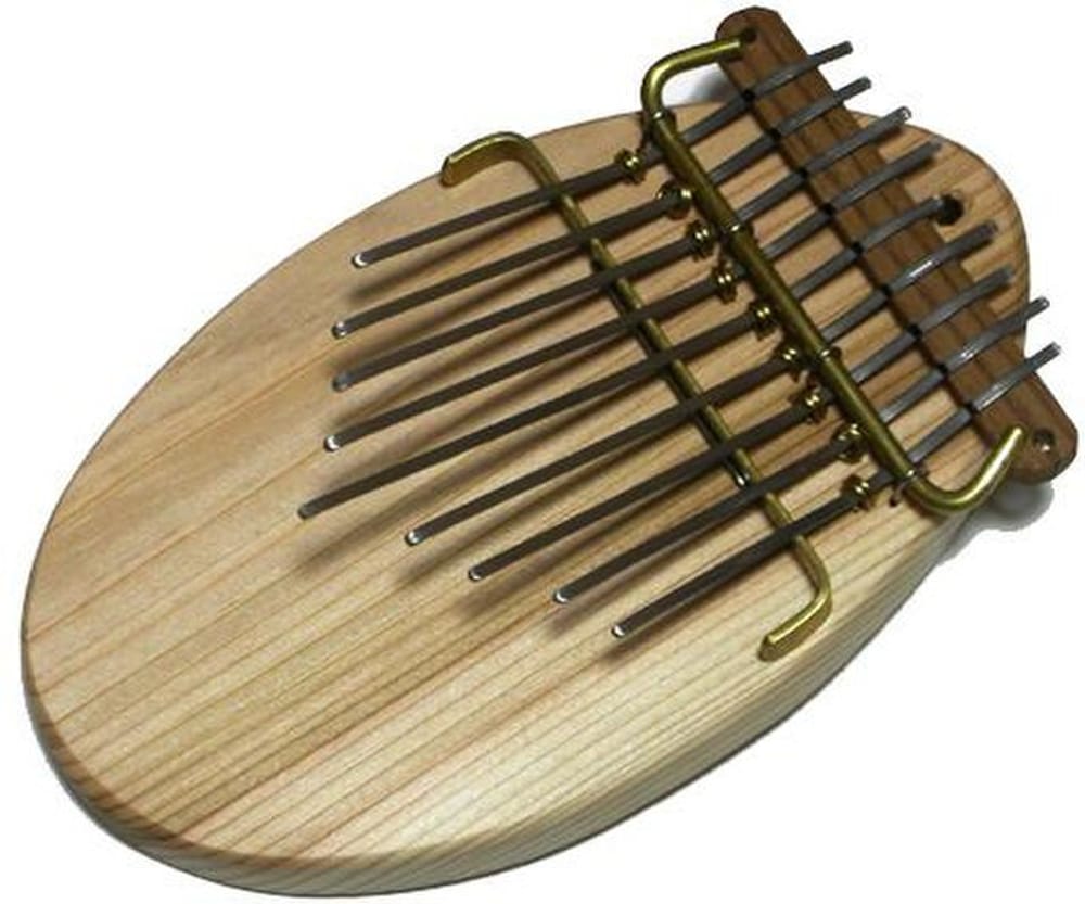 Close-up of a small kalimba on a white background. It's a wooden handheld instrument with metal tines played by your thumbs