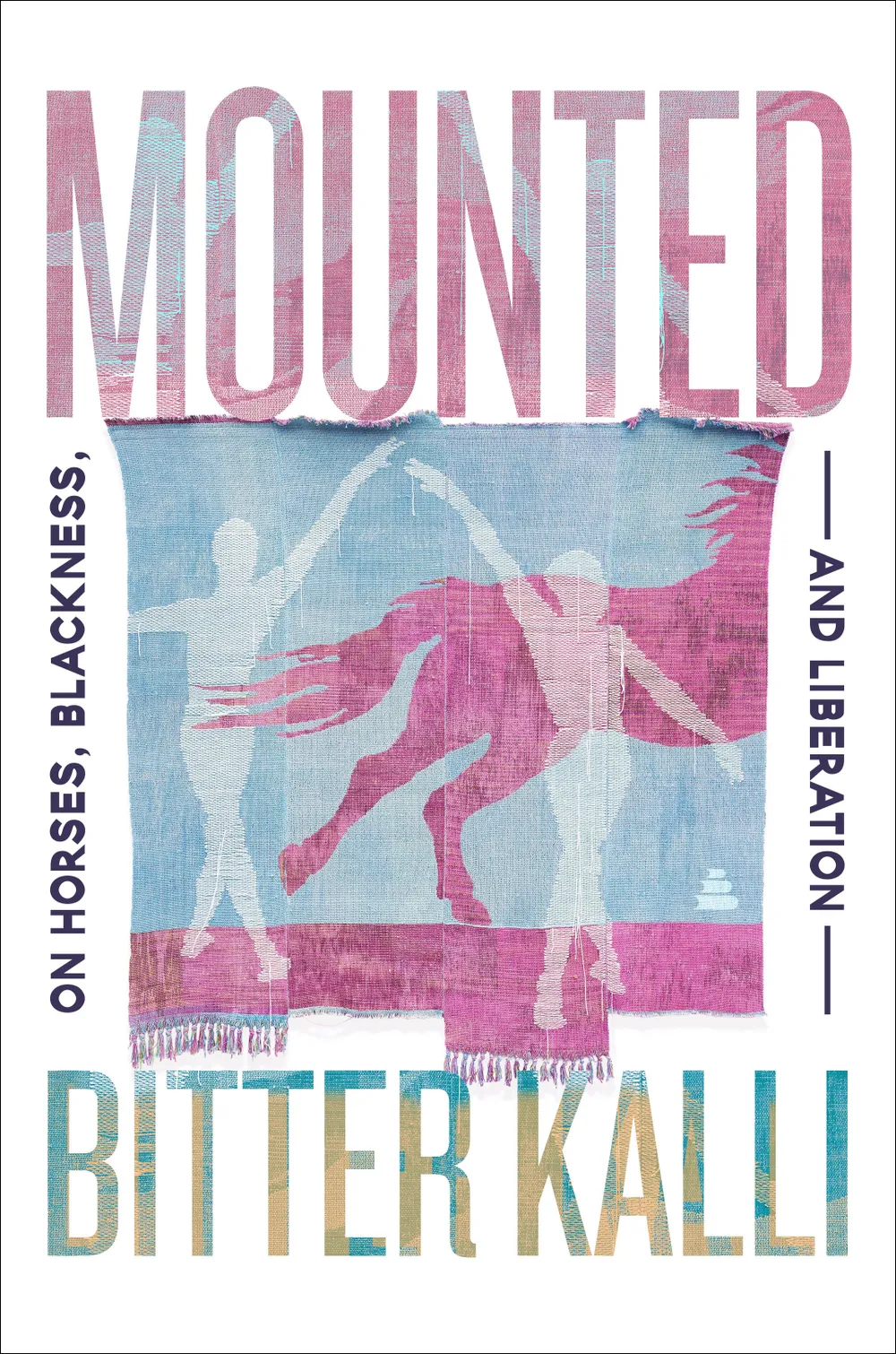 Book cover, shadows of two people in motion superimposed over the shadow of a horse. Book title, author name in large titles