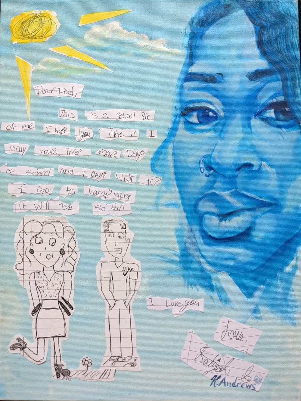 Acrylic on canvas painting, a young woman to the right, painted in blue and black. Lined paper figurine cutouts on the left
