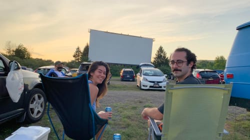 Movie-theater misser Kelly Conrad (left) tried out the view at the Mahoning Drive-In. (Photo courtesy of the author.)