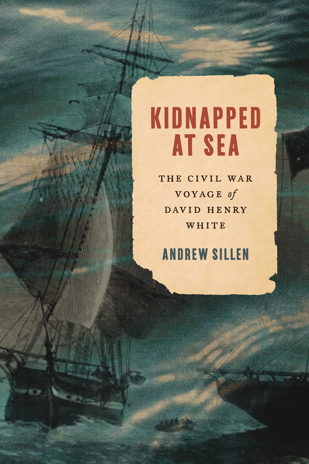 Book cover: Title & author center right on an illustration of old parchment, over an engraving of a 19th-century sailing ship