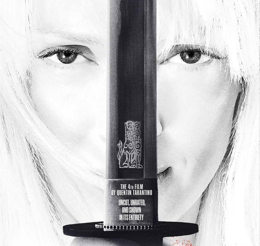 Movie poster in black and white, with Uma Thurman’s character’s face split between a sword
