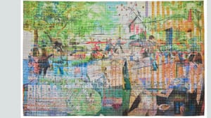 Photo of Riker’s Quilt. It resembles a large-scale colorful painting, multi-layered collage, or mosaic all rendered in fabric