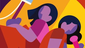 A blocky, colorful illustration of two black-haired women back to back, one with an IV bag and one holding a mic.