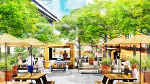 A rendering of the dining patio planned at La Peg. Image courtesy of Groundswell Design Group.