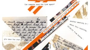 An orange, white, and black collage of thumbnail images and typed and written text from an online meeting's chat and notes.