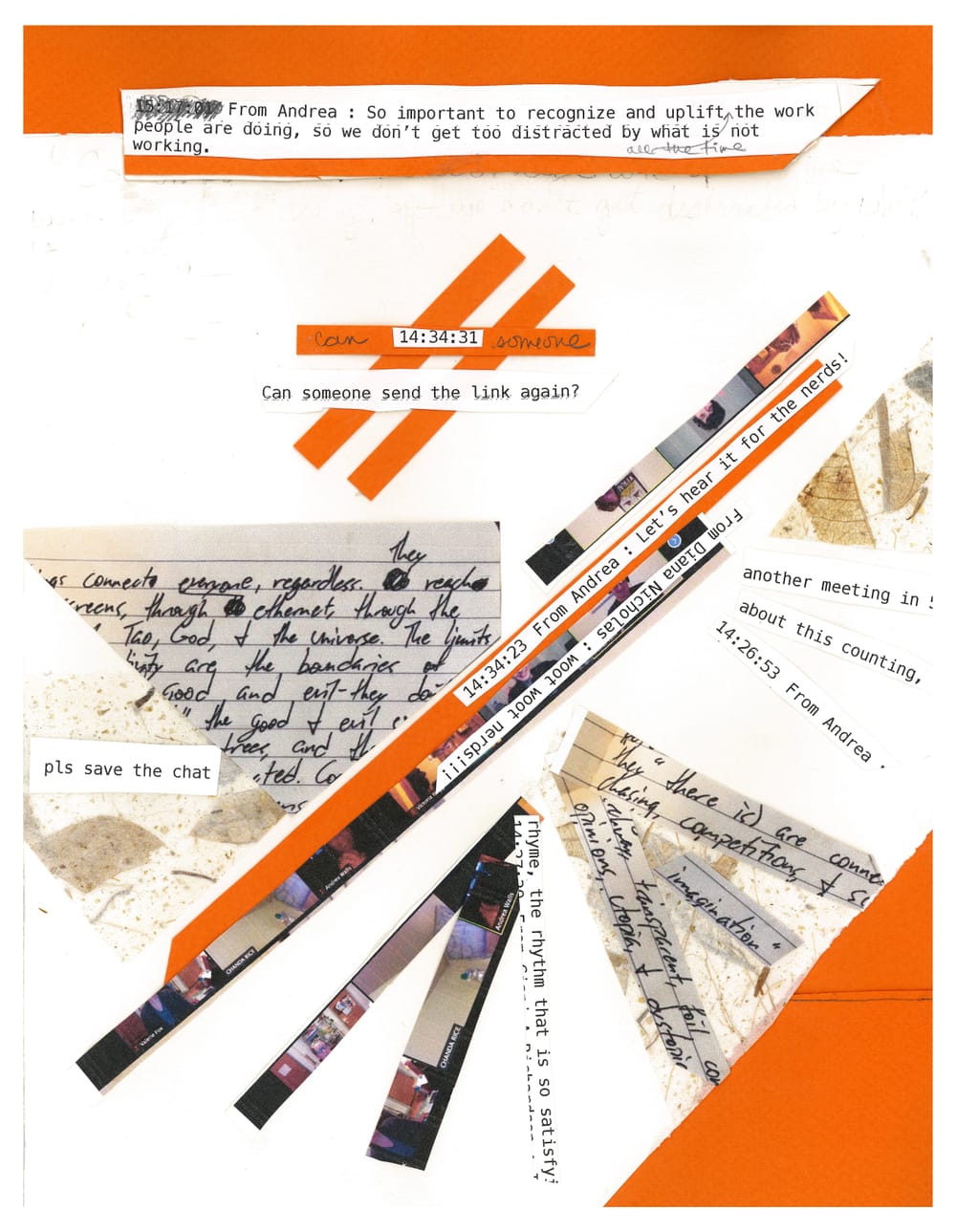 An orange, white, and black collage of thumbnail images and typed and written text from an online meeting's chat and notes.