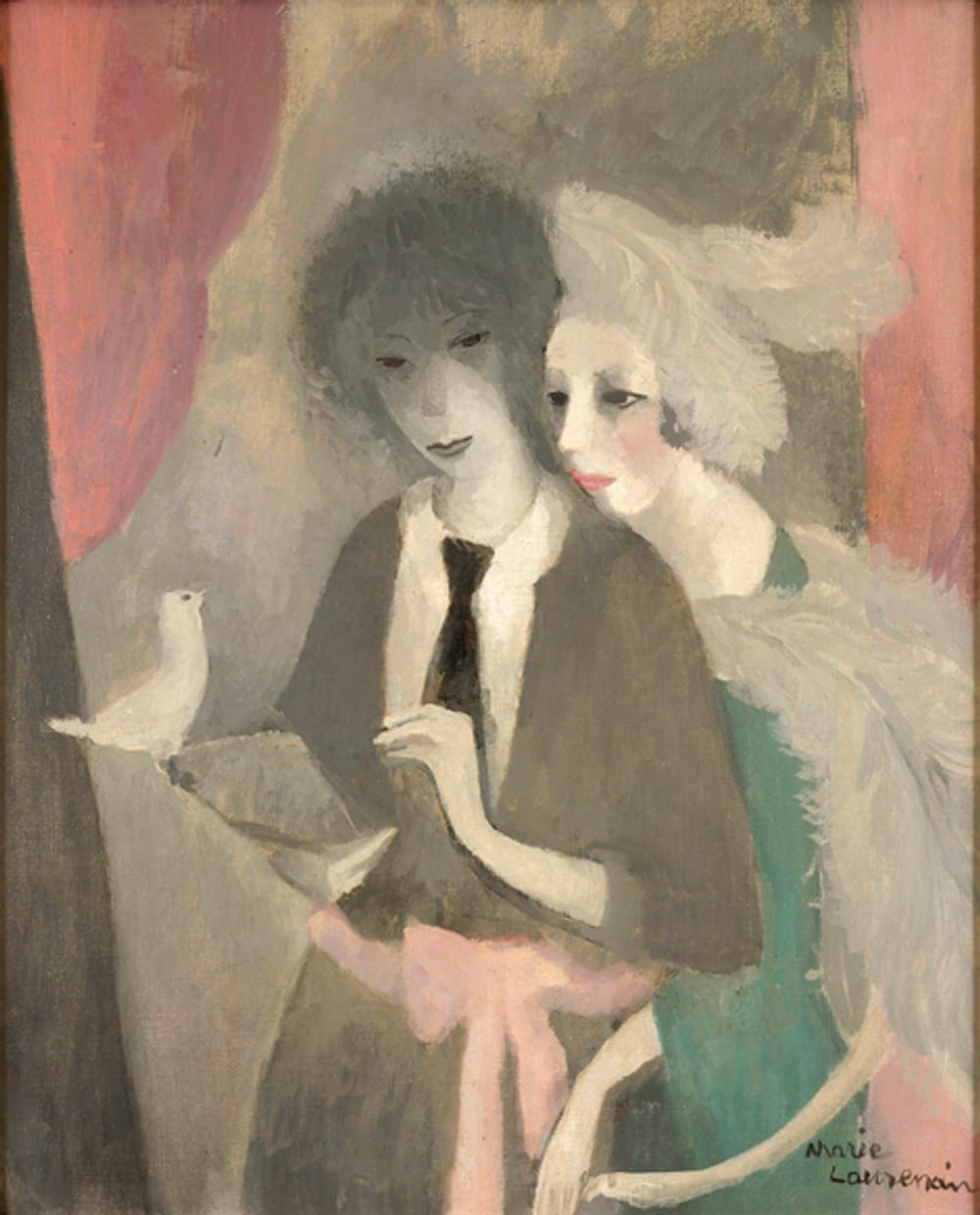 Woman in green with lavish feather accessories leans intimately on the shoulder of another in gray & black, holding a book