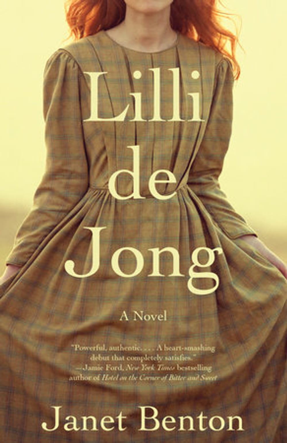 Book cover: Title appears a center in yellow, superimposed on a red-haired woman in a drab dress.