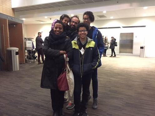 Clockwise from l: Lori Tharps, Aida Malia-Tharps, Manuel Malia, Esai Malia-Tharps, Addai Malia-Tharps. Author and journalist Lori Tharps read from Franklin Delano Roosevelt's 1936 acceptance speech for renomination and says she brought her family to show them that whatever their interests, they can still be politically active. "Activism," she says, "doesn't have to look like one thing."