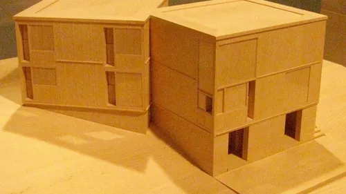 A model of the Salk Institute in La Jolla, California, shows Kahn’s characteristic reliance on geometric forms. (Photo by Pamela Forsythe)