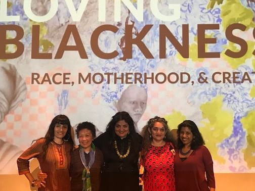 "Race, Motherhood and Creativity" panelists at 'Loving Blackness,' L to R: Sham-E-Ali Naeem, Mary Lee, Swati Khurana, Jaishri Abichandani, and Chitra Aiyar. (Photo courtesy of Asian Arts Initiative)