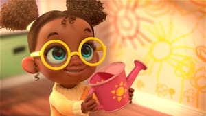 A colorful computer-animated still of a Black girl with large yellow glasses, smiling and holding a pink watering can.