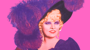 Illustration of West, a glamorous blond 1920s woman wearing a purple dress and hat with luxuriant purple feathers