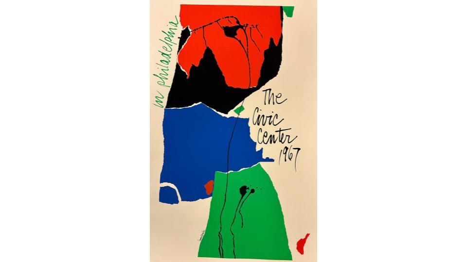 Abstract blocks of red, black, blue, and green with loose black hand-written cursive reading The Civic Center 1967.