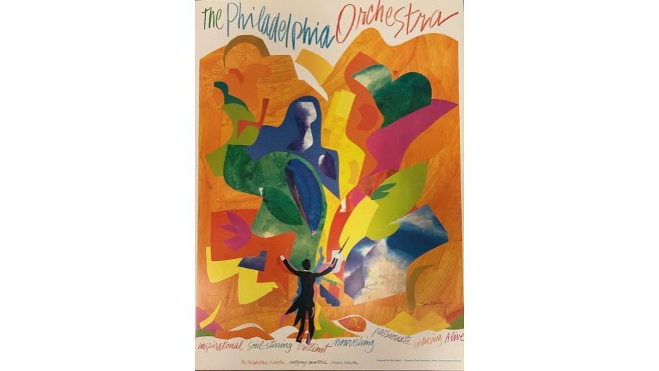 “Philadelphia Orchestra” in handwritten letters above a small maestro with a giant colorful collage billowing from him