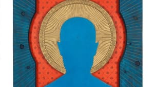 Minich’s multimedia piece has a blue silhouette of person at the center of a classical-looking halo, described in the article
