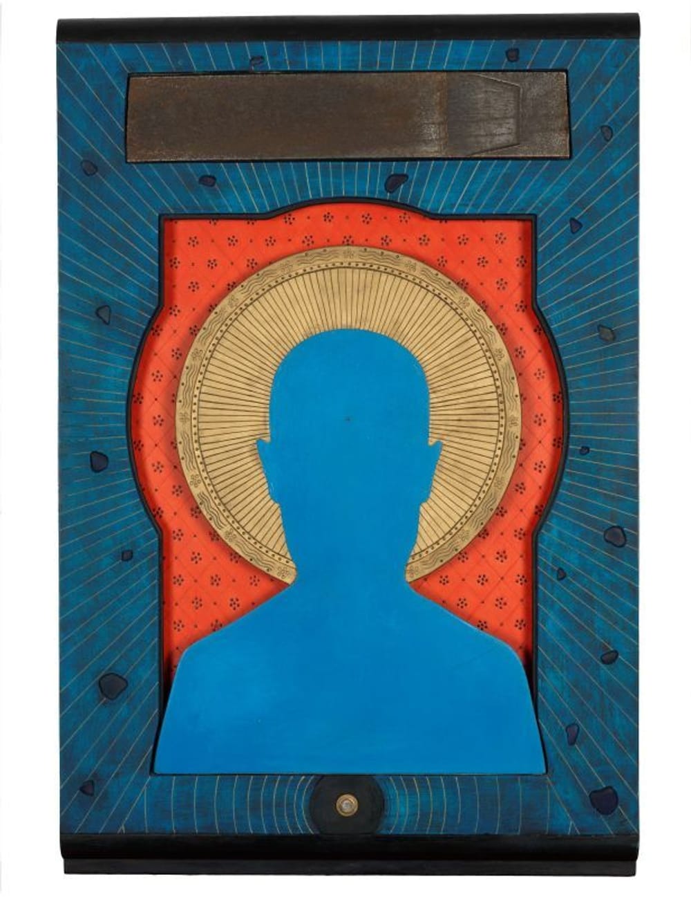 Minich’s multimedia piece has a blue silhouette of person at the center of a classical-looking halo, described in the article
