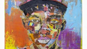 Colorful mixed media image of a Black boy in a Phillies cap. He has a calm, determined expression, looking straight ahead.
