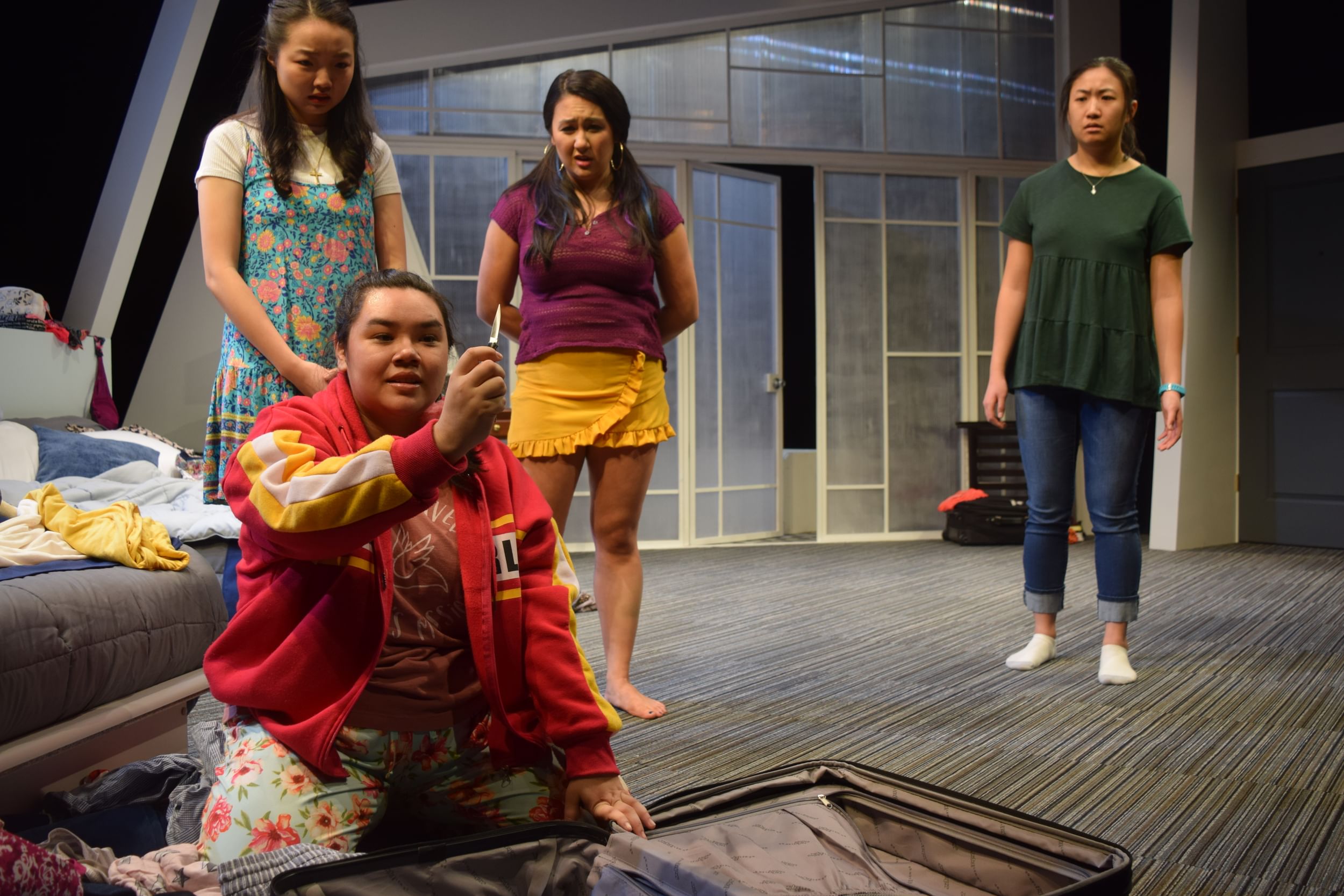 Fight looks different for everyone: Claris Park, Kimie Muroya, Stephanie Kyung Sun Walters, and Annie Fang in InterAct’s ‘Man of God.’ (Image courtesy of InterAct.)