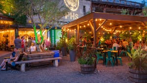 An urban garden area, with lights beaming, hanging from wooden deck ceiling. PHS logo is projected on a wall