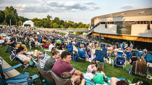 Hundreds of people on picnic blankets sit on a sloping green lawn with a large amphitheater venue below them.