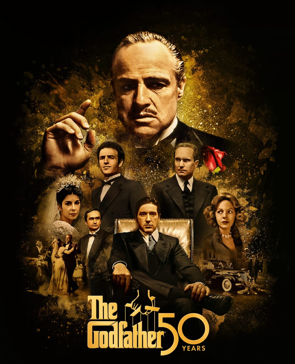 A movie poster of 'The Godfather', stylized in sepia featuring the cast, and the title text at the bottom