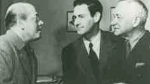 Menotti (center) with Eugene Ormandy and Efrem Zimbalist at Curtis, 1952: Is popularity a crime?