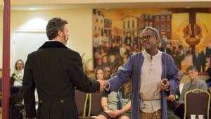 Gregory Isaac's Antonio (left) starts the chain of events that lead to the downfall of Kirk Wendell Brown's Shylock. (Photo by Alessandra Nicole.)