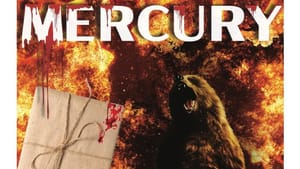 Show logo. Company, title, and author in white over a roaring grizzly bear rearing out of flames, and a brown-wrapped package