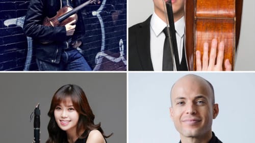 Messiaen performers (clockwise from left) Stefan Jackiw, Jay Campbell, Orion Weiss, and Yoonah Kim. (Photos by Sophia Zhai, Beowulf Sheehan, Jacob Blickenstaff, and Yi-Suk Jang.)