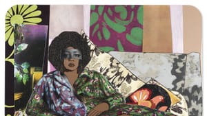 Collage work of bold prints shows a Black woman in repose, looking calmly outward, her eyes created by a black & white photo
