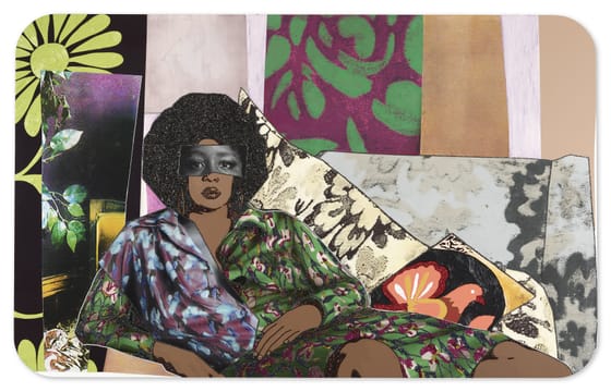 Mickalene Thomas’s 2015 ‘Afro Goddess Looking Forward.’ Rhinestones, acrylic, and oil on panel, Collection of Mickalene Thomas. (Image courtesy of the Barnes Foundation.)