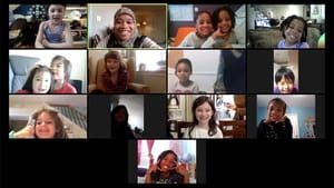 A class of distance-learning youngsters enjoy a virtual session with Mighty Writers. (Image courtesy of Mighty Writers.)