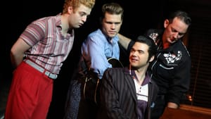 L to R: Brandyn Day as Jerry Lee Lewis, John Michael Presney as Carl Perkins, Ari McKay Wilford as Elvis Presley, and Sky Seals as Johnny Cash. (Photo by Joan Marcus.)