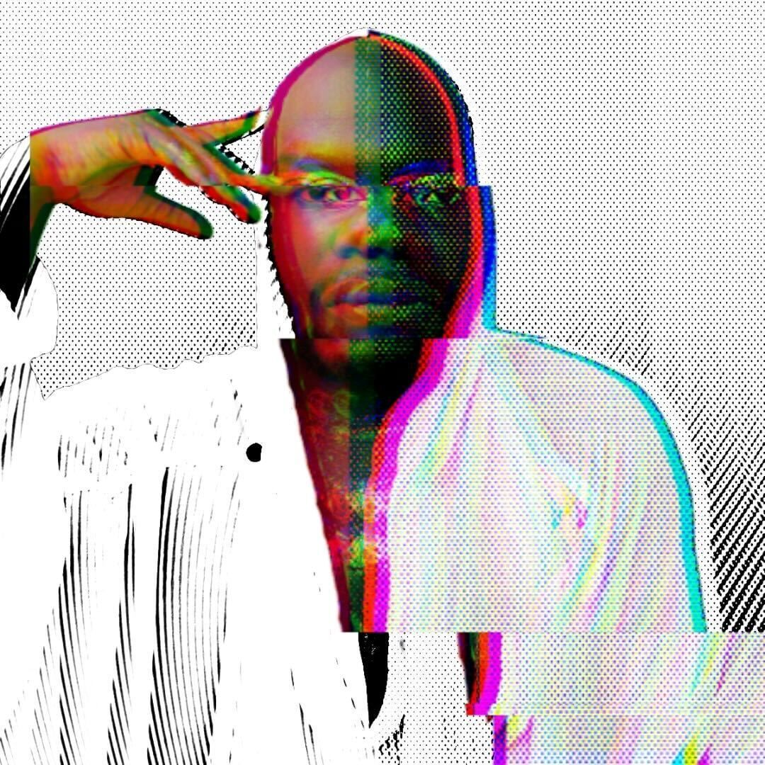 Stylized headshot of Kosoko, a Black man, with colorful distorting digital static, his fingers poised beside his left eye.