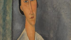 A head-and-shoulders portrait of a woman with short dark hair and serious eyes, done in Modigliani’s elongated style.