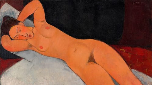 A naked woman’s rosy, curvy frame drapes diagonally across the painting. Her hands rest behind her head; her eyes are closed