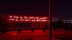 Duane Linklater's Penn Treaty Park monument "In Perpetuity" backs up to the still-flowing rivers and creeks. (Photo by Steve Weinik for Mural Arts Philadelphia.)