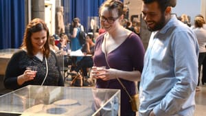 Penn Museum visitors enjoy after-hours cocktails in the Egypt Gallery. (Image courtesy of Penn Museum.)