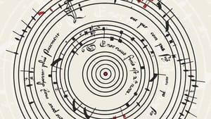 Book cover. Title above on a pale background; an ancient circular music score appears below in black and red.