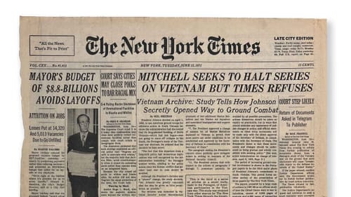 Yellowed original front page of the NYT with the headline “Mitchell seeks to halt series on Vietnam but Times refuses.”