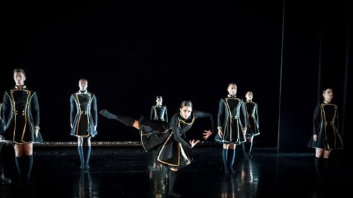 L to R: Blake Krapels, Stanley Glover, Andrea Yorita, Francesca Forcella, Richard Villaverde, Caili Quan, and Chloe Perkes perform in Soto's exploration of tyranny. (Photo by Vikki Sloviter.)