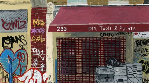 Oil painting of a closed, graffitied storefront with crates out front & a red awning that says DIY Tools & Paints.