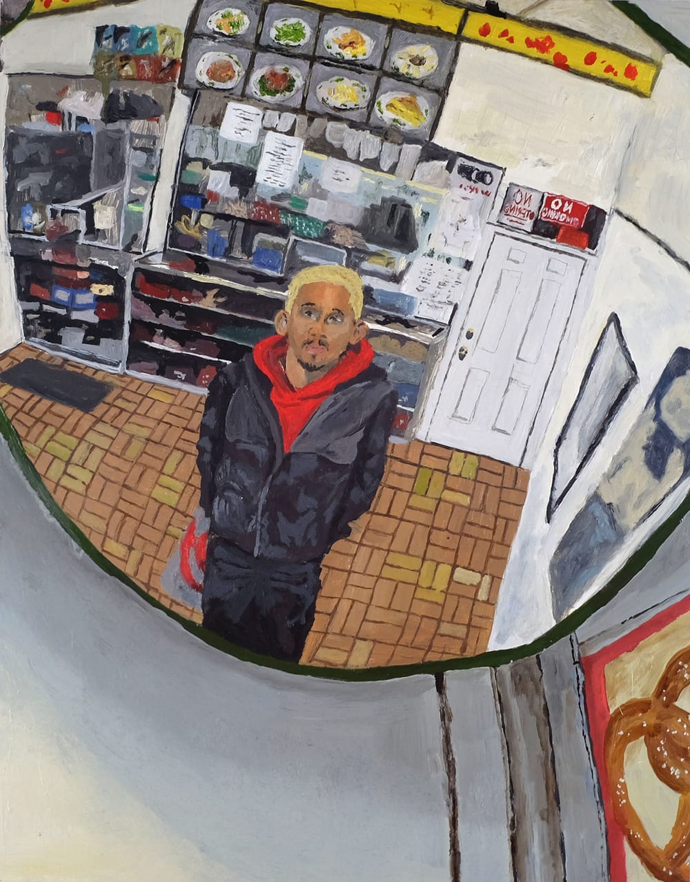 Oil painting showing Young, in black jacket & red hoodie, looking at himself in a Chinese takeout place’s security mirror