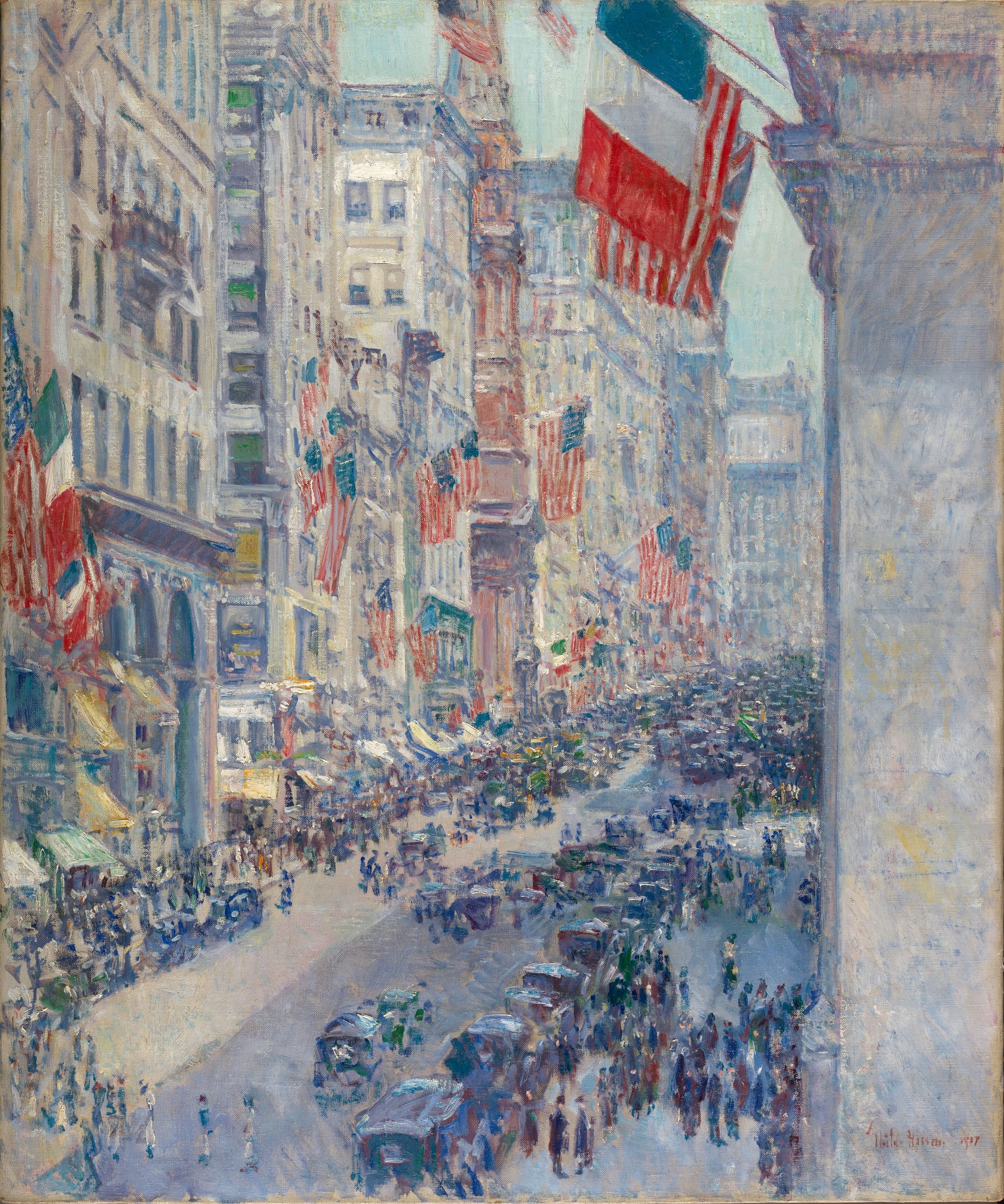 Bright, impressionistic cityscape with a lofty view of a crowded 1917 street hung with giant US, French, and British flags.