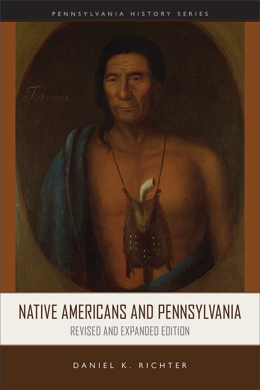Title & author in brown & white, below a historical painting of an Indigenous man with a blue blanket over his shoulder