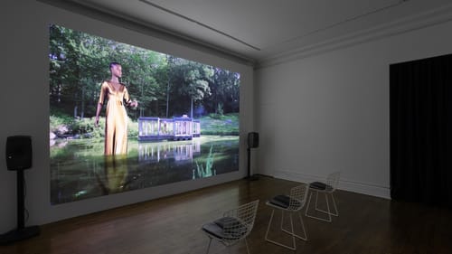 Gallery view of video screen showing a large, gold-cloaked female figure rising out of a green pond in summer.